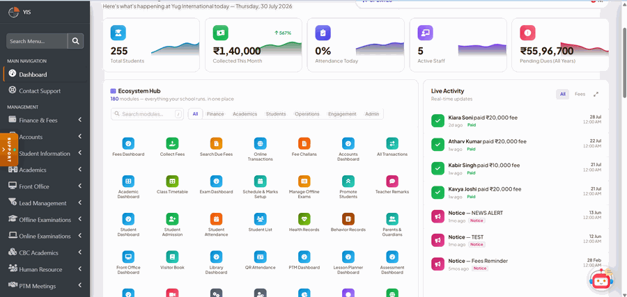 SchoolStation main dashboard with attendance, fees and quick stats