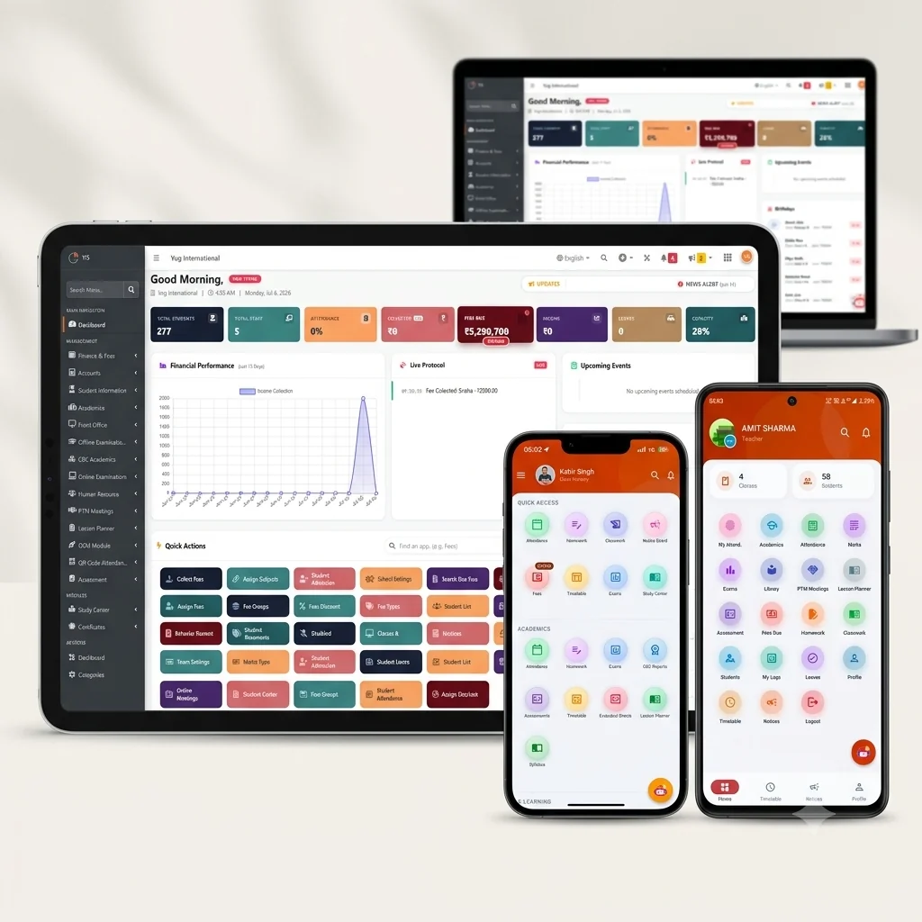SchoolStation dashboard shown across laptop, tablet and mobile devices